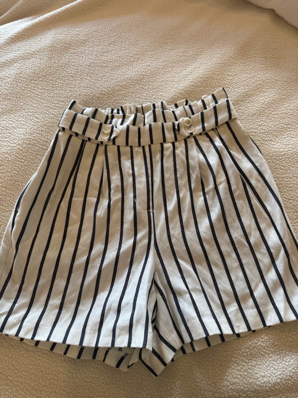 Express High-Waist Ivory Shorts with Black Pinstripes
